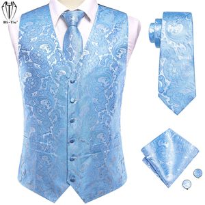 Мужские жилеты шелковые мужские свадебные жилеты, набор галстуки без рукавов за западные жилеты, галстук, газированные запонки Sky Blue Blue Coral Beige Silver Burgundy 230725