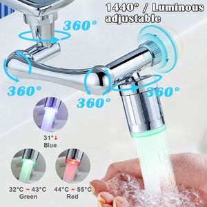 Banyo Lavabo muslukları LED 1440 ° Döndürme musluk genişletici Metal Bakır Sıcaklık Hassas 3 Katlı Mutfak için Evrensel Konektör 230726