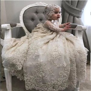 Luxury White Ivory Christening Gown Lace Pearls Baby Girls Baptism Dresses Toddler Infant Christening Dress With bonnet245Z