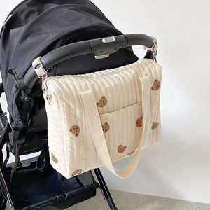 Bolsas para fraldas born Baby Care Bag Bear Bordado Cotton Mommy Stroller Hang for Storage Organizer Bolsa Grande 230726