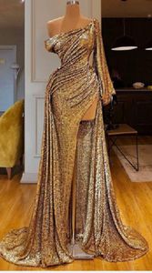 Sexy Gold Sequins Evening Dresses 2023 Long Plus Size High Split Prom Party Gowns With Overskirt Robe De Soiree