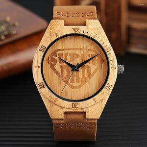 Relógios de pulso Nature Relógios de madeira Super Dad Padrão Casual Relógio de pulso masculino de madeira de bambu Presente de couro genuíno Pulseira Quartzo
