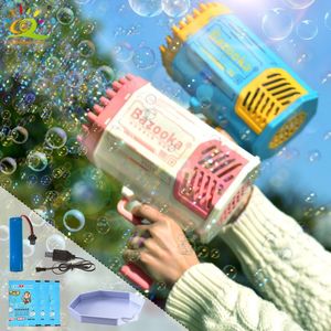 Novidade Jogos HUIQIBAO Bazooka Bubble Gun Foguete 69 Buracos Bubbles Machine Summer Automatic Soap Blower Com Light Toys For Kids Children Gift 230726