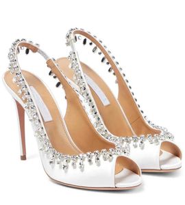 Luxury Aquazzuras Women Temptation Sandals Shoes Crystal-embellished High Heels Leather & PVC Lady Open Toe Sexy Dress Party Slingback
