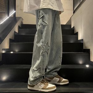 Erkekler Kot Yıldız Nakış Düz Sıradan Erkekler kot pantolon y2k vintage geniş bacak grunge denim pantolon kadınlar bol hip-hop sokak kıyafeti kız pantolon 230727