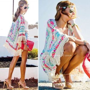 Женские блузкие рубашки модные женщины Boho Fringe Floral Kimono Cardigan Tassels Peach Coverp Wase Blouse Woman Tops 230726