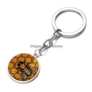Anahtarlıklar kordonlar altın arı petek anahtarlık moda bal arısı böcek steampunk cam cabochon kolye araba araba anahtar yüzüğü arı hediye dhhtg
