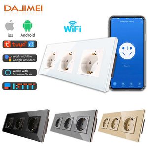 Smart Power Plugs Dajimei Eu Russia Standard Triple Wi -Fi Power Monitor Sockets Стеклянная панель настенная розетка Alexa Tuya Control Smart House HKD230727