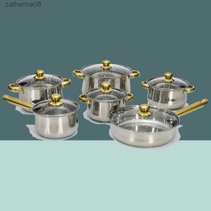 12pcs Pot with Glass Pot Lid Uncoated Stainless Steel Pot Set Household All Applicable Golden Handle with Kettle Cooking Pot Set L230621
