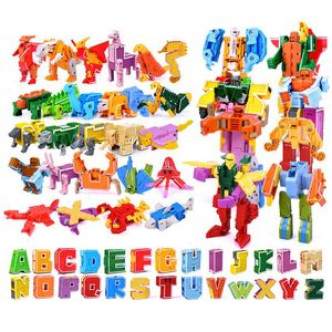 Action Toy Figures 26 GUDI English Letter Alphabet Transformation Robot Dinosaur Deformation Animal Action Figure Learn A-Z Building Block Toys Set 230726