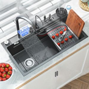 Stainless Steel Kitchen Sink Cuba Waterfall Black Nano Wash Basin Smart Sink Large Multifunctional Touch Waterfall Faucet Sink