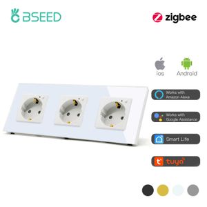 Smart Power Plugs BSEED EU Стандартный Zigbee Smart Triple Socket 16a Склеточная гнезда кристаллическая стеклянная панель Электрическая розетка TUYA Smart Life Control HKD230727