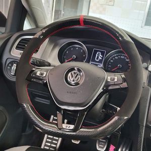 El Dikiş Karbon fiberblack süet deri kırmızı iplik direksiyon sarı kapağı Volkswagen golf için uygun 7 mk7 passat b8 2016-201282r