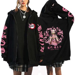 Kadın Hoodies Sweatshirts Anime Demon Slayer Kamado Nezuko Baskı Zip Up Ceket Hip Hop Sokak Giyin