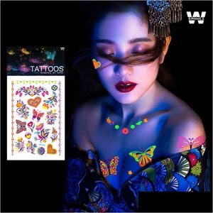 Временные татуировки светящиеся наклейки светятся в темной флуоресцентной водонепроницаемой татуировке бабочки для лиц Body Art Drop Health B Dhlmk