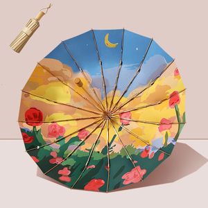 Şemsiye Kırmızı Yaprak 16 Kemik Üç Katlı Şemsiye Altın Yapıştırıcı Kaplama Yağmuru ve Güneş Şemsiyeleri UNISEX RUNGAY UV UV Şemsiye Kadınlar için 230727