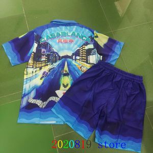 Erkek Trailtsuits Japonya Kazablanka Şehir Gece Yarışı Baskı Kısa Set Erkek Kadın Yüksek Kaliteli Beach Hawaii Kısa Gömlek Takımı 230727