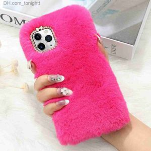 Custodie per cellulari per iPhone 11 Pro 8 Plus XR XS MAX Caldo soffice peloso peluche peloso Cover per telefono Simpatico coniglio invernale morbida pelliccia strass Z230728