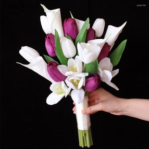 Düğün Çiçekleri Janevini Mor Çiçek Buketleri Gerçek Touch Calla Lily Tulip Buket Yapay Gelin Holding Gelin Aksesuarları