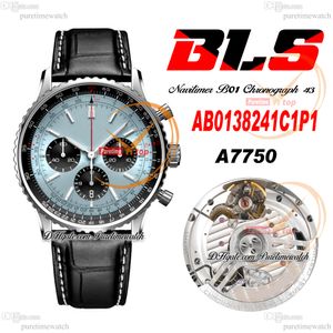 BLS Navitimer B01 ETA A7750 Cronógrafo automático Reloj para hombre ICE Blue Black Stick Dial Cuero con línea blanca AB0138241C1P1 Super Edition Reloj Hombre Puretime B2