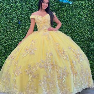 Lüks sarı parlak quinceanera elbiseler boncuk prenses balo elbisesi 15 yaşındaki kızlar 3dflower aplikeler vestidos de 15 anos