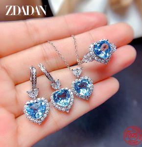 Düğün Mücevher Seti Zdadan 925 STERLING Gümüş Kalp Aquamarine Kristal Kadınlar için Set Sandalı Küpe Küpeleri Halka Moda Partisi Hediyesi 230729