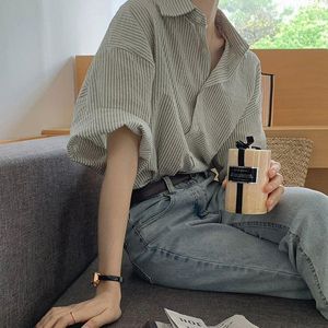 Women's Polos Elegant And Youth Woman Blouses Clothing Spring 2023 Green Vertical Stripe Shirt Short Sleeve Chiffon Blouse