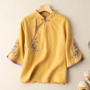 Etnik Giyim Cheongsam Kadınlar Artı Boyut Kısa Üstler 2023 Yaz Pamuk Keten Nakış Birleştirme İnce Fit Çin tarzı Qipao Gömlekler