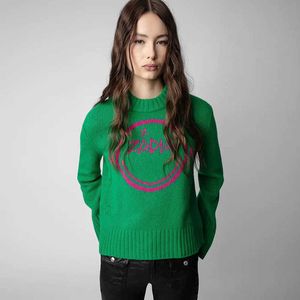 23ss Designer Tide Zadig Voltaire Pure cotton Jacquard smiling face letter hanging wool green 100% wool sweater Women's sweater Classic fashion tops oversized