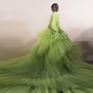 Sıradan Elbiseler 2023 Özel Neon Yeşil Kabarık Ruffles Tül Prom Elbiseleri Katmanlı Tam Kollu Uzun Tutu Kadınlar Resmi Parti Elbise