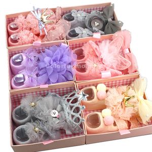Детские носки младенцы, рожденные девочки, 3PCS Set Sleepper Gift Gift Foot Lace Crown Hair Accessories P O Props Meias 230731