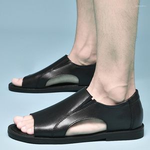 Sandálias de peixe de cor de boca sólida Sandálias masculinas de fundo liso sapatos casuais de fundo de couro macio calçado de caminhada sandalias de ext 90