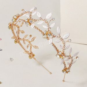 Gelin Düğün için Romantik Kristal Yaprak Saç Bantları Altın Kablolu Headdress Crown ve Tiaras Nişan Partisi Saç Aksesuarları