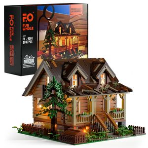 Блоки Funwhole Wood Cabin Modular Building Set с светодиодными фонарями кирпича модель 2097 Строительные игрушки для детей и взрослых 230731