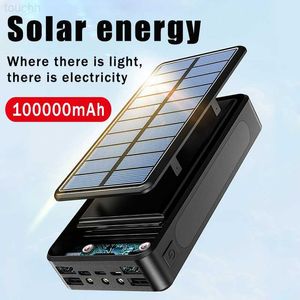 Банки питания сотового телефона 100000 мАч Солнечный банк мощности мини -портативная быстрая зарядка Внешняя батарея для iPhone14 Высокая мощность с помощью светодиодного фонарика L230731