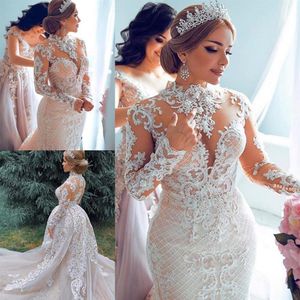 Luxury Full Lace Mermaid Wedding Dresses with Overskirts Jewel Neck Long Sleeves Applique Chapel Train Wedding Dress vestidos de n303F