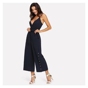 Damen Jumpsuits Strampler einfarbig V-Ausschnitt rückenfreier Strampler weites Bein Hose siamesische Split Spaghetti lässig