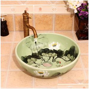 Conjuntos de torneiras de pia Orient Clear Lotus China Pintura Handmade Lavatório Banheiro Navio Pias Counter Top Art Cerâmica Drop Delivery DHL4N