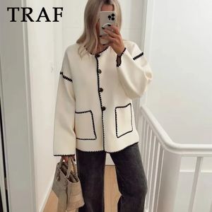 Erkek Hoodies Sweatshirts Trafza 2023 Sonbahar Gündelik Kadın Paltolar O Boyun Düz Breated Büyük Boy Ceketler Kış Patchwork Zarif Kadın Outwears 231031