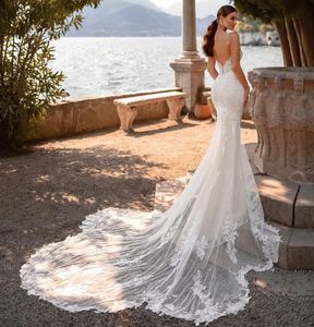 Wedding Dress 2024 Sexy Georgette Mermaid Gown Illusion Lace Bodice Sweetheart Spaghetti Straps Buttons Women Bride Party Gowns Vestido De Noiva