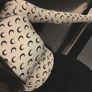 Kadın Örgü Tees Kadınsı Giysiler Seksi Ay Baskı Tişörtleri Üstü Kadınlar Uzun Kollu Grafik Tee Tunikleri Koszulka Damska Crescent7cs3