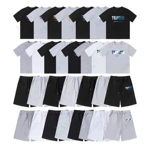 Trapstar masculino t camisa calças 2 peças conjuntos designer arco-íris toalha bordado decodificação tshirts masculino preto branco em torno do pescoço camiseta