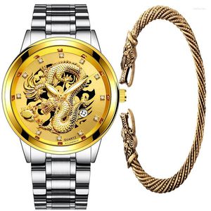 Bilek saatleri lüks erkekler izle üst düzey altın ejderha bilezik seti erkek öğrenci kuvars Çin tarzı reloj lujo hombre