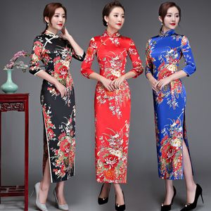 Sıradan Elbiseler Eski Şangay Zarif Kadın Saten Qipao Slim 3/4 Kollu El Elbise Geleneksel Çin Mandarin Yakası Cheongsam Vestidos 230331