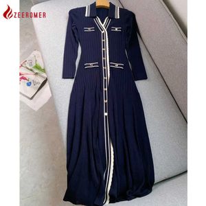 2023 France High-Quality Knitting Stripes Contrast V Neck Long Sleeve A-Line Dress Women Elegant Single-breasted Slim Long Dress