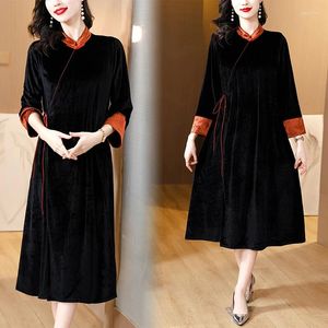 Sıradan elbiseler Sonbahar Kış Kışlı Kadın Siyah Gevşek Çin Retro Zen Elbise İpek Velvet Cheongsam Geliştirilmiş
