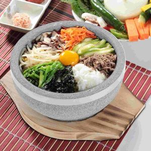 Korne Kore Çorbası Pirinç ve Güveç Erişteleri için Ahşap Taban Dolsot Bibimbap ile Kaseler Taş Kase Baharatlı