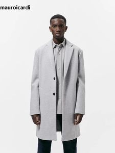 Мужское полушерстяное пальто Mauroicardi, осень-зима, теплое мягкое светло-серое шерстяное пальто, мужское однобортное роскошное пальто с разрезом сзади, 2023 231102