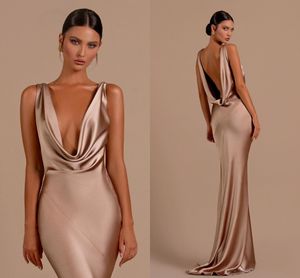 Women's Deep V Neck Satin Pleated Sheath Bridesmaid Dresses Long for Wedding Party