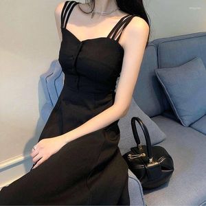 Sıradan Elbise Vestidos de Mujer Baratos Vintage Askı Etek Küçük Siyah Elbise 2023 Seksi Uzun Kadınlar Sonbahar Bel